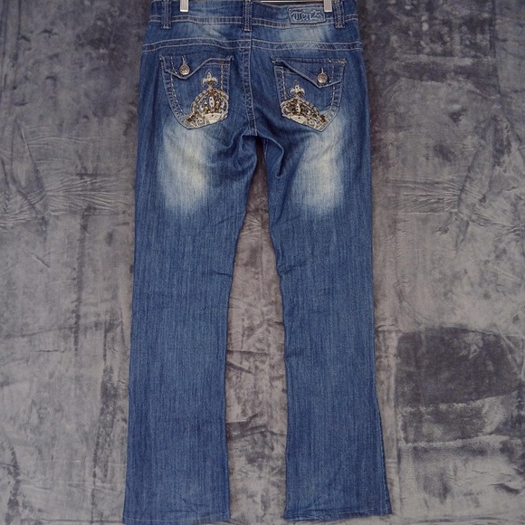 Ten25 Premium Jeans Womens 33x32x9 Blue Distressed Rhinestone Crown Back Pockets - Picture 6 of 13